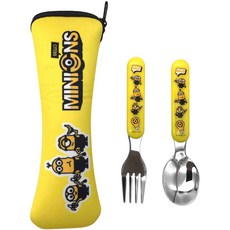 小小兵兒童二件式餐具組，湯匙叉子附收納袋，可愛造型安全材質，輕巧便攜, 1個, 黃, 黃, 湯匙x1、叉子x1、收納袋x1