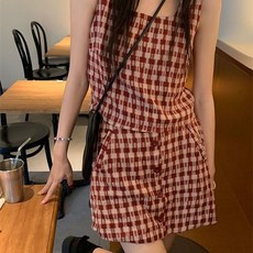 純欲甜辣風減齡套裝 夏季短版格子背心上衣女裝高腰半身褲裙兩件套, 格子背心 單件 ,2XL70-80kg