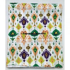 화이트 핸드블록 플로럴 멀티 이캇 프린트 핸드메이드 코튼 칸타 퀼팅 보호 침구 담요 히피 퀸/킹 사이즈 보헤미안 블록 퀼트 (퀸 90X108 인치), 퀸 90X108 인치