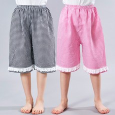 아동용 (1+1)깅엄체크 프릴핑크+블랙 엠보 파자마 7부