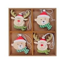 摩達客耶誕 台灣製聖誕帽木質彩繪吊飾(單面) 小熊麋鹿混款16入, 1個, 一組16入