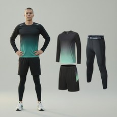 BYN 남성 런닝복 스포츠웨어 상하 운동복 세트 (긴팔+반바지+긴레깅스)