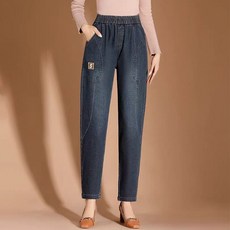 TKX 여성용 하이웨스트 밴딩허리 데님 팬츠 간편한 청바지 워싱 실용적인