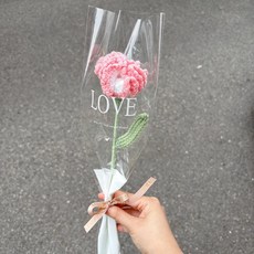 [개별포장]시들지 않는 뜨개 꽃다발 한송이 졸업식 입학식 기념일 선물 어버이날 선물, 1개, 핑크+화이트 카네이션