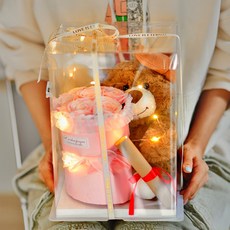 아르띠콜로 "이벤트용" LED 장미꽃 푹신한 곰돌이 향기나는 비누꽃다발, 1개, 핑크