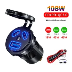 12V24V 108W USB 차량용 충전기 소켓 3 포트 듀얼 45W PD 유형 C 및 빠른 3.0 전원 콘센트 자동차 오토바이, 04 Blue with wire
