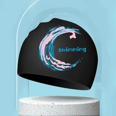 인쇄 된 수영 모자 긴 머리 귀 보호 남여 스트레치 실리콘 풀 액세서리, 15 1102-Black