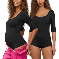임산부 바디수트 스쿱넥 7부 소매 스트레치 베이직 레오타드 상의 트렌디한 외출용 바디 수트 여성용 블랙. S