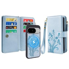 구글 픽셀 9 프로/10 프로 케이스 지갑 MagSafe 2 in 1 마그네틱 탈착식 PU 가죽 RFID 차단 지갑 커버 카드 홀더 지퍼 손목 스트랩 랜야드 플로럴 스카이