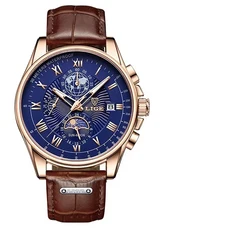 LIGE 남성 시계 가죽 스트랩 스포츠 방수 크로노그래프 쿼츠 캐주얼 패션 날짜, 04 Rose gold blue