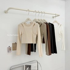 韓系 挖肩羊絨短版上衣 長袖女 假兩件 露肩 內搭 秋冬 短版長袖