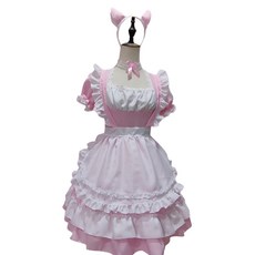 핫스윗 고양이귀 핑크 반팔 메이드복 드레스 빅사이즈 코스프레 의상