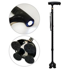 캠프닉 네발 LED 라이트 노인 지팡이 어르신 할머니 할아버지 초경량 미끄럼방지 길이조절가능, 블랙, 1개