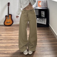 해피유통 여자 청바지 와이드 청바지 봄 가을 고소 허리 여유 루즈핏 버튼 장식 캐주얼 스타일