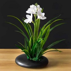 조화 난 꽃 화이트노란색 상품 분재 테이블 생화느낌 장식용, K. 검은 사각 화분 흰색 난초