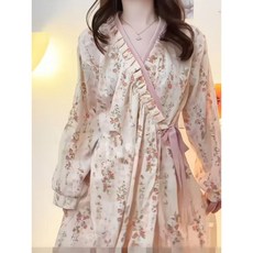 小清新碎花宮廷風春秋季長袖睡袍女甜美高級感繫帶浴袍睡衣家居服