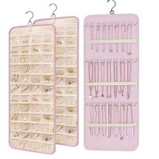 LAKSMI 옷장 벽 또는 문용 대형 걸이용 주얼리 정리함 2개 포켓 48개 및 귀걸이 목걸이 및 반지용 후크 21개, 핑크