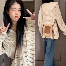여성 그물 니트 아이보리 자켓 간절기 후드 집업 오버핏 펀칭 크로셰 가디건