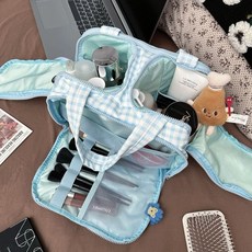 桃園出貨ing 新款藍色愛心收納包 大容量便攜外出手提收納袋 旅行必備分區洗漱包, 藍色格子