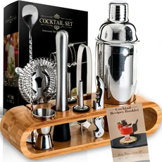 세련된 대나무 스탠드가 포함된 10피스 믹스솔로지 바텐더 키트 바 도구 세트 완벽한 홈 바텐더 키트 마티, 01 Silver