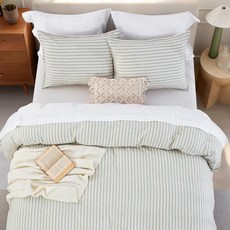 DAUAOTO Linen Blend 퀸 사이즈 이불 커버 세트 - 233.7cm x 223.5cm92 x 88인치 이불 커버 + 베개 커버 2개 리넨 55% 45% 면 침구, 스트라이프 세이지