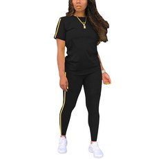 BNGPIKLY 여성용 투피스 의상 스웨트수트 여름 운동 스트라이프 반소매 롱 스웨트팬츠 캐주얼 조깅 라운지 세트 642 블랙 M, BNGPIKLY 여성용 투피스 의상 스웨트수트 여름 운