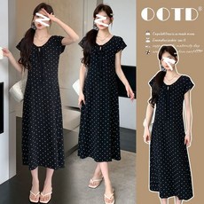 티류으스 여성 여름 도트 라운드넥 슬림핏 반팔 임산부 원피스 스트링 허리끈 데일리 빅사이즈 Lyw