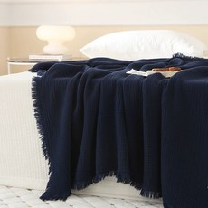 오브유 팡쿠 북유럽 심플 코튼 소파 낮잠 담요 거즈 이불 4중 커버 블랭킷, 1개, B. 술 장식 남색 거즈 네 겹