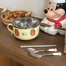 快樂小熊學生餐具套裝，304不鏽鋼防燙瀝水碗，兒童防摔餐具組, 1個, 201內膽1000ML,碗+蓋+貓爪陶瓷三件套