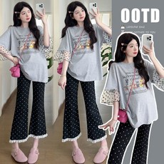 패션 임부복 상하의 세트 봄 여름 임산부 캐주얼 도트 패치 티셔츠 상의 + 빅사이즈 슬림핏 바지 투피스 WMY