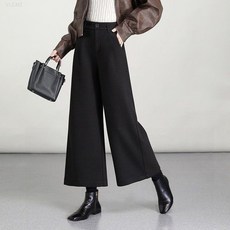 YLEMI 가을겨울 캐주얼 9부 하이웨스트 통바지 여성 심플 털은요 와이드팬츠