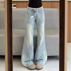 해피유통 여성용 하이웨스트 빈티지 플레어 데님 팬츠 넓은 핏 레트로 스타일 하이 웨이스트 유행 데님 바지