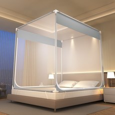 家用臥室三開門支架紋帳，新款全包圍兒童防摔防掉牀蚊帳, 灰】加密帳紗+手機袋+充電口_4,漆支架】1.2m*2.0米*高1.7米