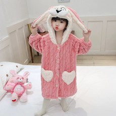 臺灣-出貨【新款熱銷】女童睡袍秋冬季加絨珊瑚絨浴袍小女孩甜美保暖兒童睡衣連帽家居服 C2YJ
