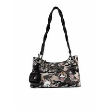 ED HARDY Women's Shoulder Bag Camo Print with Skull and Rose Braided Strap Y2K Tattoo Style Pur