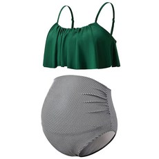 DEBELLY 임산부 비키니 세트 투피스 수영복 러플 여성용 수영복 하이 웨이스트 빈티지 임산부 수영복 오렌지 화이트 플라워 M, XX-Large, 초록색