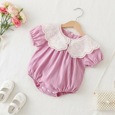 嬰兒蕾絲娃娃領連體衣夏裝女童甜美風短袖包屁衣哈衣韓系連衣裙潮