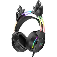 마이크가 달린 게이밍 헤드셋 고양이 귀 헤드폰 PC 노트북 PS4 PS5 Xbox 스위치용 분홍색 무지개 RGB 조명 및 가상 서라운드 사운드 3.5mm 유선 오버이어 인체공학, ONITOON 검은 사슴 귀
