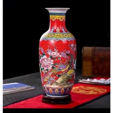 景德鎮陶瓷花瓶 46cm (含底座) 雙鳳牡丹 冬瓜瓶, 紅色【雙鳳牡丹】冬瓜瓶46cm