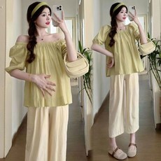 패션 임부복 상하의 세트 봄 여름 임산부 캐주얼 셔츠 상의 + 와이드 바지 루즈핏 데일리 투피스 WMY