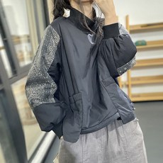 ROYALBELLE 여성 플라워 배색 패치워크 반폴라 맨투맨 루즈핏 빅사이즈 포켓 패딩 긴팔 맨투맨 Z0120912