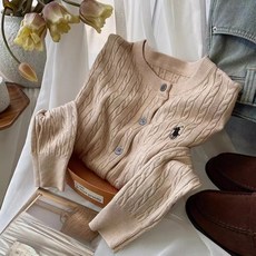 小馬刺繡麻花針織開衫女秋冬早春復古圓領毛衣外套