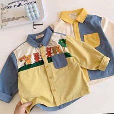 HELLOBABY童裝店 兒童襯衫 日系童裝 秋季新款男童翻領襯衫 可愛百搭拼色上衣 兒童長袖襯衫潮