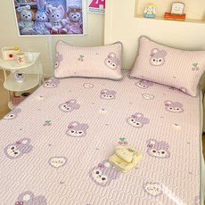 夏季冰絲涼蓆三件套空調軟席大板卡通冰絲席學生宿舍單人涼蓆批發, 凝膠注入記憶棉, 軟綿兔醬【涼感絲面料 加厚填充】