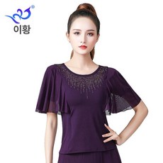 라인댄스옷 상의 여성댄스셔츠 소매 트럼펫 탑 볼룸 벨리댄스의류 제품 반소매 스포츠의류 댄스 블라우스 댄스타임, 4.M 다크퍼플