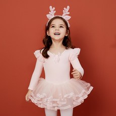 여아 유아 발레복 긴팔 연분홍 새틴 치마 뒷리본 보우 단추 디자인 발레드레스