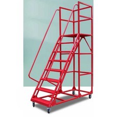 이동식 계단 마트 사다리 손잡이 철제 난간 디딤대 2m, 높이 2.0m 너비 0.7m 빨간색