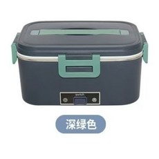 80W 車用家用電熱飯盒 食品加熱器 3合1 帶防漏隔層蓋, 1個, 深綠色,】+矽膠密封圈+不鏽鋼叉勺+保溫袋