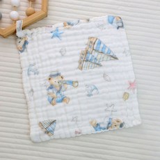 六層紗布口水巾方巾小方巾：柔軟吸水、多用途寶寶手帕、兒童洗臉巾、幼兒園必備, 1個, A-31-帆船小熊【30*30】, 白色