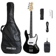 풀 사이즈 일렉트릭 베이스 기타 키트 블랙 컬러 5W 충전식 블루투스 4이펙트 여행용 앰프 솔리드 오동나무 바디 메이플 넥 번들 소프트백 케이블 스트랩 렌치 연습 스타터용 (B, BKPB
